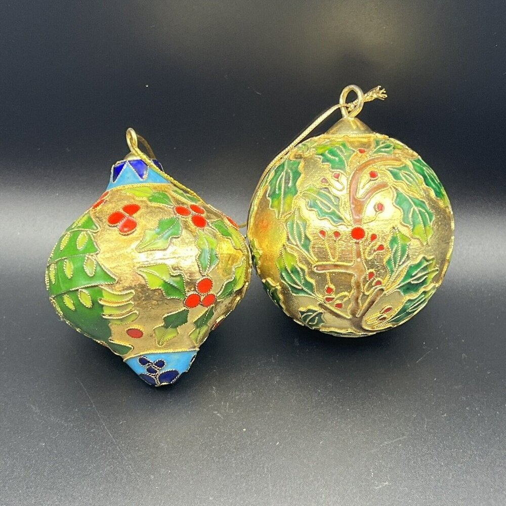 Cloisonne Christmas Ornament Tree‎ Ivy Berries Gold Raise Metal Enamel Set of 2